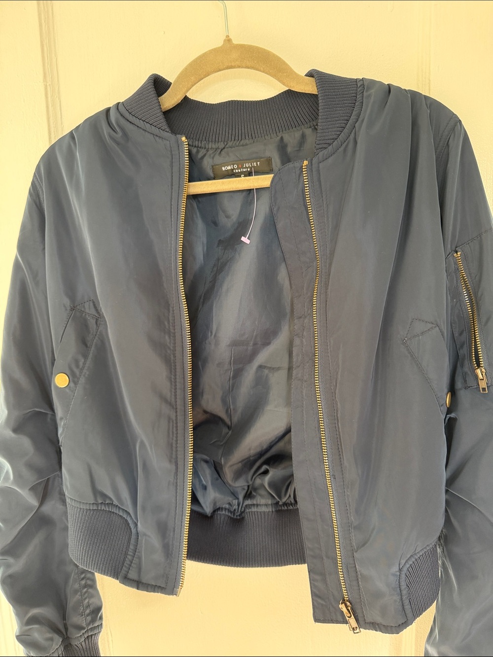 Romeo & Juliet Couture Navy Bomber Jacket with Gold Hardware